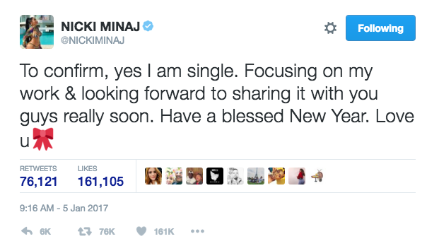 But yesterday, Nicki Minaj tweeted that she is ~definitely~ single.