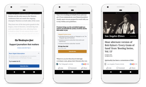 Facebook is testing paywall and subscription models for Instant Articles with a small group of publishers across the U.S. and Europe.