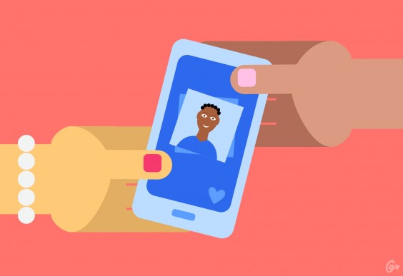Illustration of people passing a phone with Tinder on the screen to each other