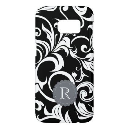 Modern Black White Floral Wallpaper Swirl Monogram Samsung Galaxy S7 Case