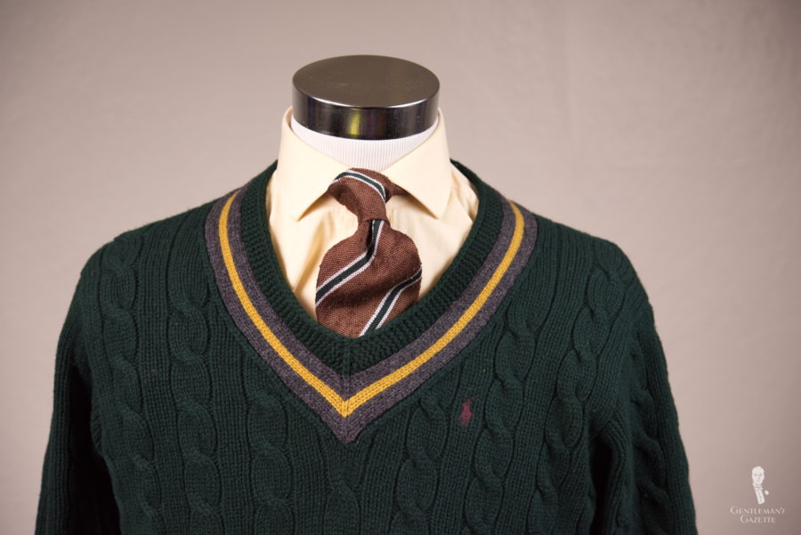 Bottle Green Sweater with V-neck and brown stripes tie by Fort Belvedere