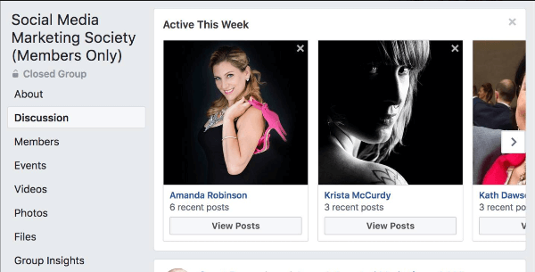 Facebook highlights which group members have been the most active this week in the group.