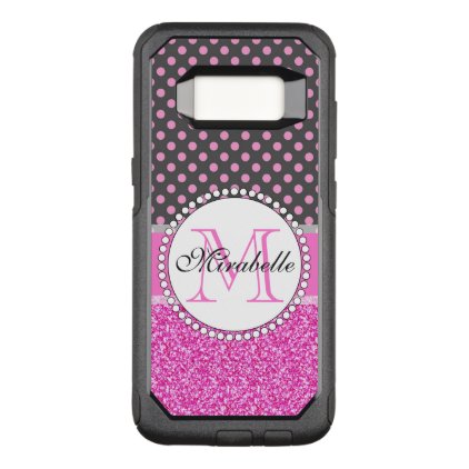 Pink Glitter and Pink Polka Dots on gray Named OtterBox Commuter Samsung Galaxy S8 Case