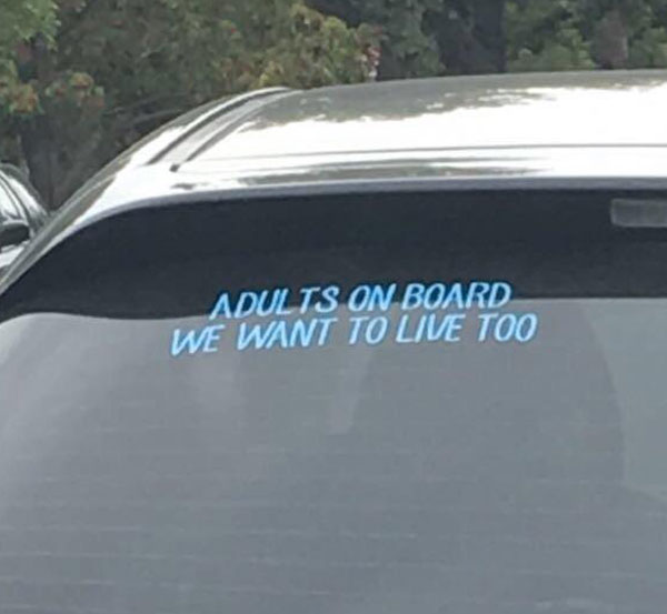 Saw this on the car in front of us...