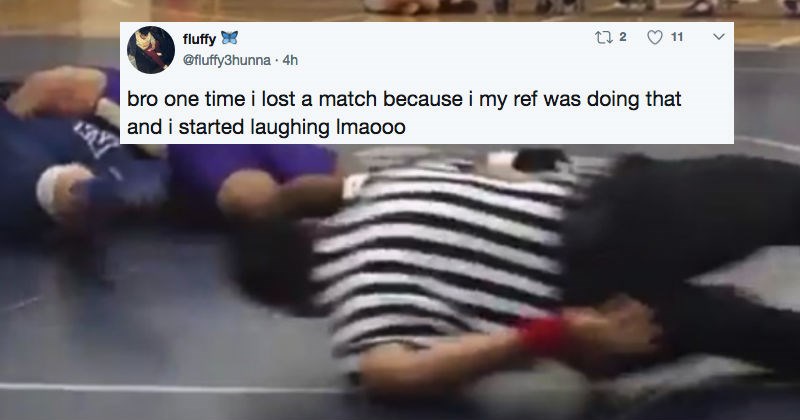 Ridiculous ref is overcommitted to doing a great job during an intense wrestling match.