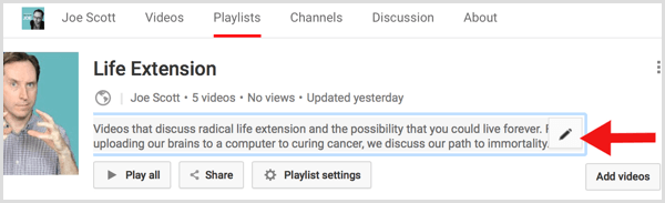 YouTube edit playlist description