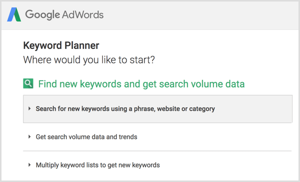 Google Keyword Planner search for new keywords