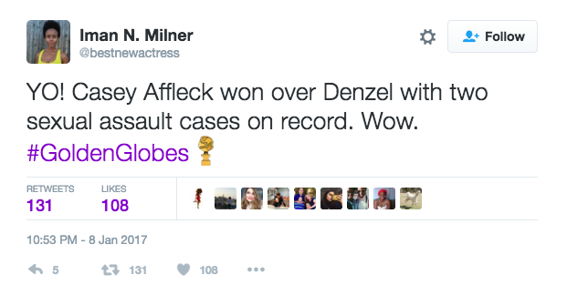 After Affleck's win, some people took to Twitter, citing the sexual harassment allegations that were brought against the actor in 2010.