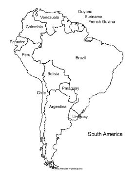 A printable map of South America labeled with the names of each country. It is ideal for study purposes and oriented vertically. Free to download and print