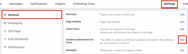 In your Facebook page settings, click the Edit button to the right of the Audience Optimization for Posts option.