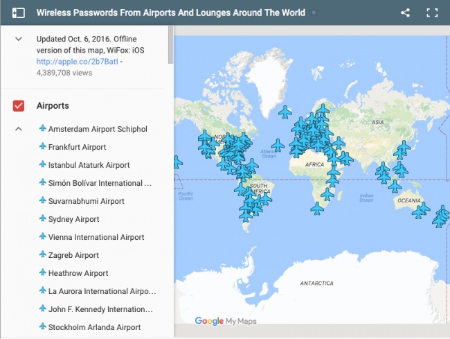 Dünyadaki tüm havalimanlarının wi-fi şifresini gösteren harita!