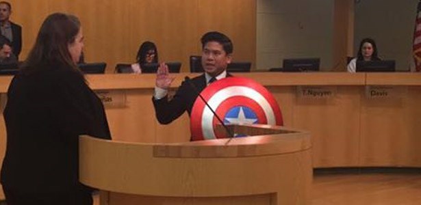 councilman wears captain america shield