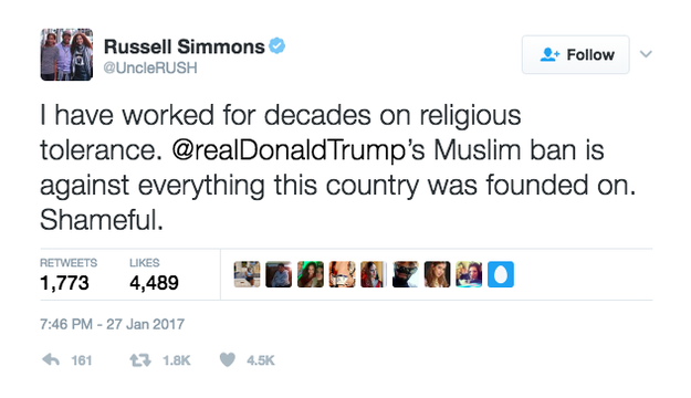Some celebrities condemned the ban on social media, including Michael Moore, Russell Simmons, and Kumail Nanjiani.