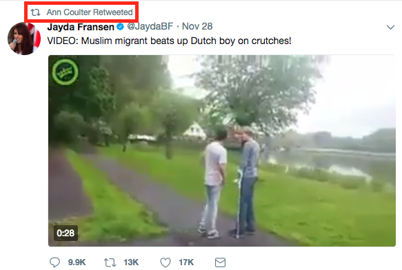 It is unclear how President Trump, who does not follow Jansen, came across the video but conservative writer and commentator Ann Coulter, who Trump does follow, retweeted the video on the same day Fransen posted it for the second time on her account.