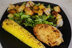 Salad, Soy Chick'n, and Corn on the Cob (Vegan)