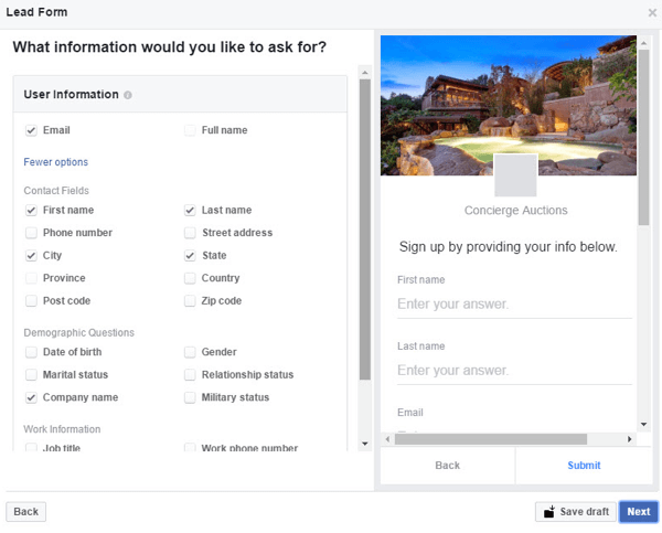 Customize the fields and questions on your Instagram lead form.