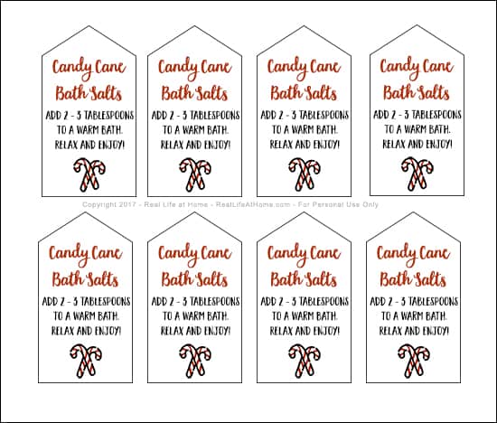Homemade peppermint bath salts are a great DIY gift for the holidays! Here's a recipe for candy cane bath salts plus a free printable set of gift tags. #HomemadeGifts #PeppermintBathSalts #PrintableGiftTags | Real Life at Home