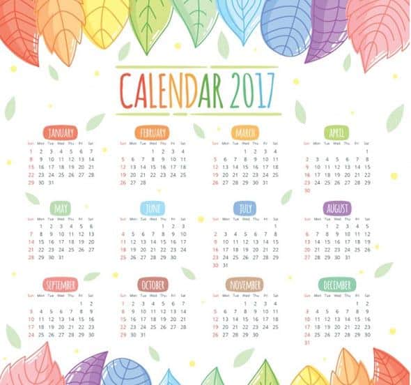 2017-calendar-of-beautiful-hand-drawn-colored-leaves-Vector-_-Free-Download