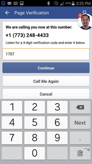 Enter the verification code you received from Facebook and tap Continue.