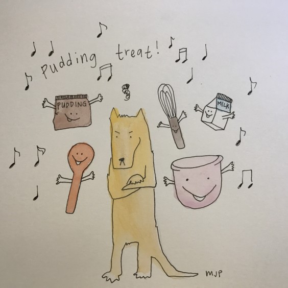 An illustration by the author, Mikayla, of her serenading her dog, Toast, with a rendition of \"Pudding Treat.\"