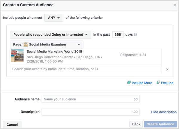 Facebook Ads Manager create custom audience based on event engagement