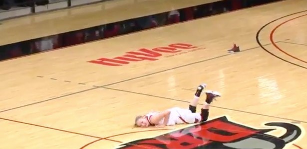 fail video woman keeps falling during basketball game