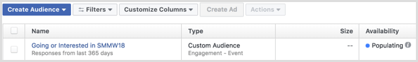 Facebook Ads Manager create ad with custom audience