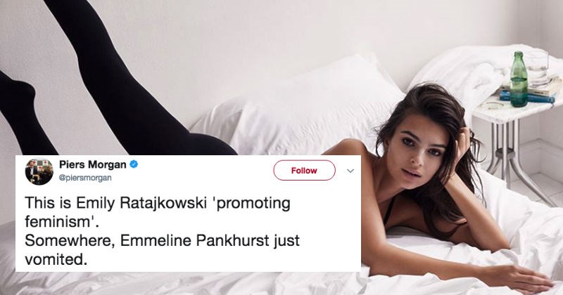 Emily Ratajowski shuts down Piers Morgan on Twitter for calling her out for bimbo modeling.