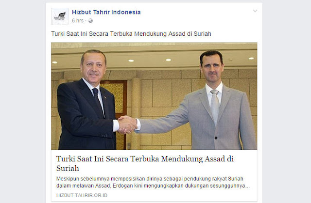 Page Facebook HTI Posting Berita "Erdogan Mendukung Assad" dengan Menggunakan Foto Lama
