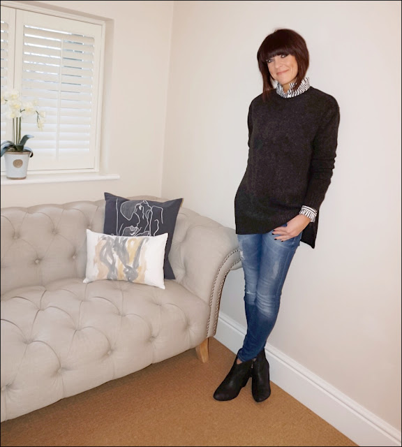 MY MIDIFE FAShion, zara skinny distressed jeans, hm oversized jumper, stripe ruffle blouse, ash jess suede ankle boots