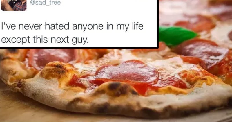 Guy live-tweets a story about an infuriating customer at the pizza shop who carries the pizzas weird.
