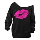 Begonia.K Women's Sexy Pullover Lips Print Casual Off the Shoulder Slouchy Shirt