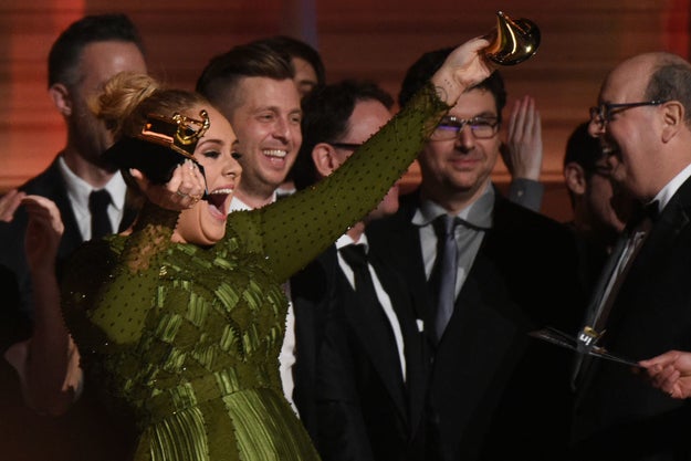 After the speech, when the cameras had stopped rolling, Adele put her money where her mouth was and broke the actual Grammy award in two, as a gesture to her idol.