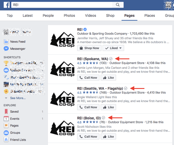Verified local businesses on Facebook receive a gray verification badge next to their name in search results and on their page.