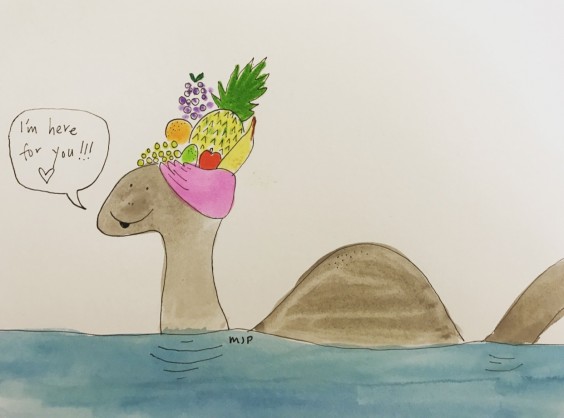 The Loch Ness monster, wearing a fruit hat, and being awesome.