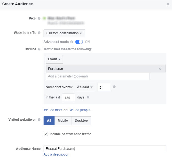 Set up a Facebook custom audience based on a defined purchase behavior.