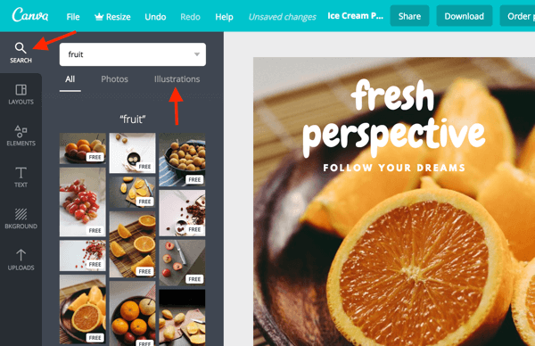 Use the search bar to find photos and illustrations right in the Canva dashboard.