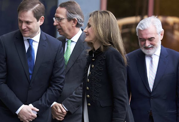 Queen Letizia of Spain attended ordinary meeting of the BBVA Foundation Advisory Board at BBVA Headquarters. Letizia carried Malababa clutch, Hugo Boss jacket and Magrit pumps