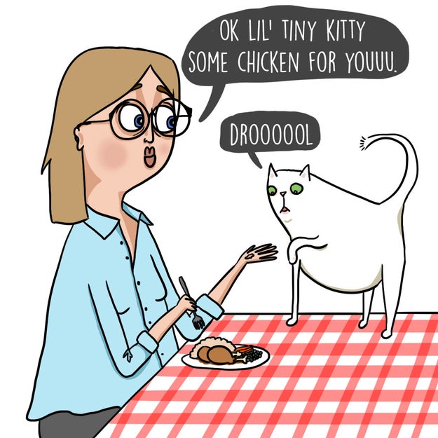 Sharing your human food with your cat, and sometimes having to properly defend your meal from sneaky paws.