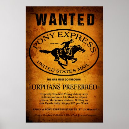 EXPERT RIDERS WANTED! PONY EXPRESS 1859 POSTER