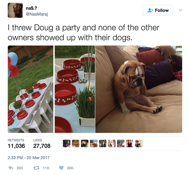A tweet showing a dog looking sad after no other dogs turned up to his party has made a lot of people really fucking emotional this week.