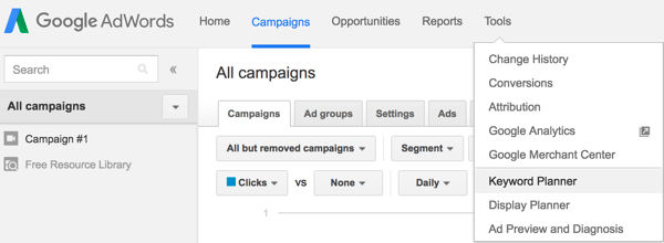 In Google AdWords, select Keyword Planner from the Tools menu.