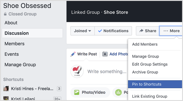 Facebook add group to shortcuts