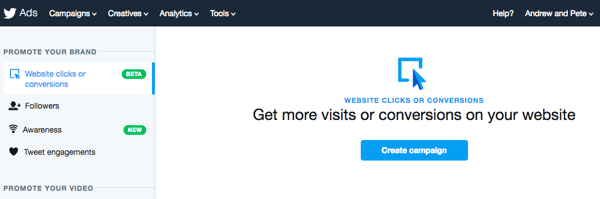 Select the Website Clicks or Conversions option to set up your Twitter ad.