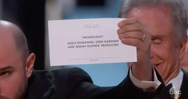 La La Land producer Jordan Horowitz held up the card, correctly showing there had been a mistake and Moonlight was the actual winner.