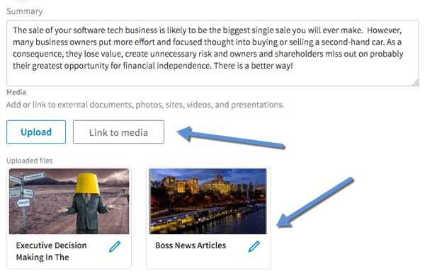 Click Link to Media to add video to the Summary, Experience, and Education sections of your LinkedIn profile.