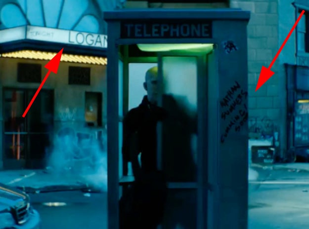 Deadpool races to a nearby telephone booth while the Superman theme music plays so he can change into his disguise.