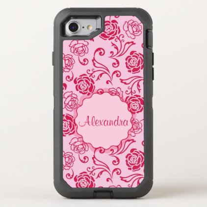 Floral lattice pattern of tea roses on pink name OtterBox defender iPhone 7 case