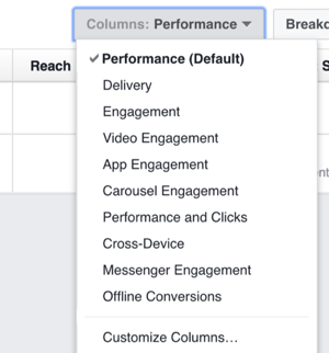 Click the Columns drop-down list for options to change the columns you see in Facebook Ads Manager.