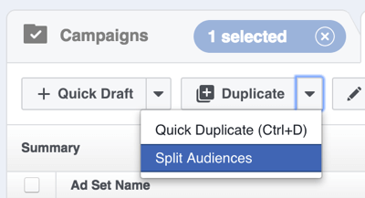 In Facebook Power Editor, click the arrow to the right of Duplicate and select Split Audiences.